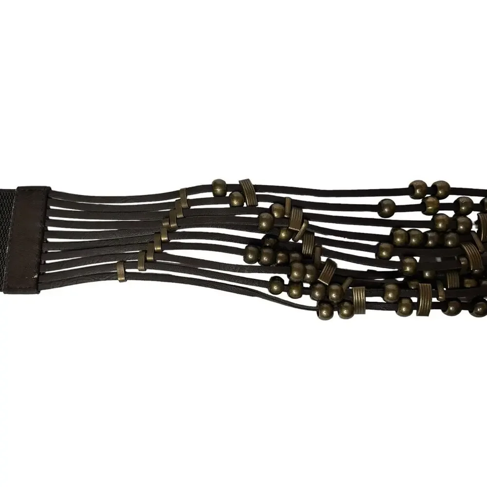 Vintage ANGIE Wide Brown Beaded Faux Leather Elastic Stretch Snap Closure‎ Belt